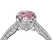Solitaire Engagement Ring Setting for Fancy Pink Cushion Cut Center with Milgrain-Framed Pave Band and Prong Head in Platinum
