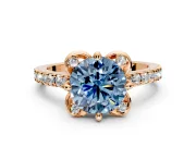 Floral Engagement Ring Setting for Fancy Blue Round Cut Center with Pave Band and Floral Prong Head in Rose Gold