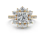 Floral Halo Engagement Ring Setting for Princess Cut Center with Pave Accents and Prong Head in Yellow Gold
