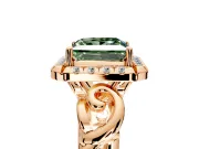 Halo Engagement Ring Setting for Fancy Green Princess Cut Center with Open Scroll Shoulders and Prong Head in Rose Gold