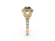 Double Halo Engagement Ring Setting for Fancy Green Cushion Cut Center with Narrow Pave Split Shank and Prong Head in Yellow Gold