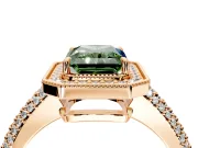 Milgrain Halo Engagement Ring Setting for Fancy Green Radiant Cut Center with Three-Sided Pave Band and Prong Head in Rose Gold