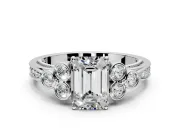Cluster Engagement Ring Setting for Emerald Cut Center with Bezel Accent Clusters and Prong Head in Platinum