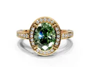 Halo Engagement Ring Setting for Fancy Green Oval Center with Framed Halo, Pave Band and Prong Head in Yellow Gold