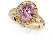 Halo Engagement Ring Setting for Fancy Pink Oval Center with Framed Halo, Pave Band and Prong Head in Yellow Gold