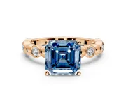 Solitaire Engagement Ring Setting for Fancy Blue Asscher Cut Center with Beaded Bezel Station Band and Prong Head in Rose Gold