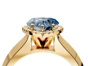 Halo Engagement Ring Setting for Fancy Blue Heart-Shaped Center with Knife Ridge Cathedral Band and Prong Head in Yellow Gold