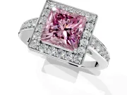 Bezel-Framed Halo Engagement Ring Setting for Fancy Pink Princess Cut Center with Pave Band and Prong Head in White Gold