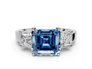3 Stone Engagement Ring Setting for Fancy Blue Asscher Cut Center with Matching Side Accents and Prong Head in Platinum