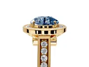 Halo Engagement Ring Setting for Fancy Blue Round Cut Center with Outer Bezel Rim, Pave Band and Prong Head in Yellow Gold