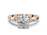 3 Stone Engagement Ring Setting for Radiant Cut Center with Baguette Accents and Prong Head in Rose Gold
