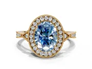 Halo Engagement Ring Setting for Fancy Blue Oval Center with Milgrain Rim, Pave Band and Prong Head in Yellow Gold