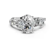 Leaf Motif Engagement Ring Setting for Oval Center with Pave Band and Prong Head in Platinum