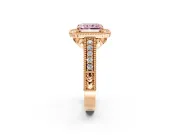 Milgrain Halo Engagement Ring Setting for Fancy Pink Radiant Cut Center with Pave Band and Prong Head in Rose Gold