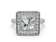 Halo Engagement Ring Setting for Princess Cut Center with Milgrain Frame, Pave Band and Prong Head in Sterling Silver