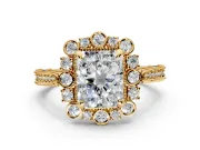 Milgrain Halo Engagement Ring Setting for Radiant Cut Center with Bezel Point Accents and Prong Head in Yellow Gold