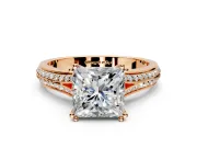 Solitaire Engagement Ring Setting for Princess Cut Center with Pave Rail Split Shank and Prong Head in Rose Gold