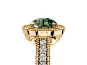 Milgrain Halo Engagement Ring Setting for Fancy Green Round Cut Center with Pave Band and Prong Head in Yellow Gold