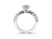 Shared-Prong Engagement Ring Setting for Round Cut Center with Graduated Accents and Prong Head in White Gold