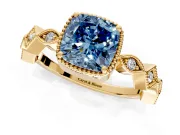 Milgrain Bezel Engagement Ring Setting for Fancy Blue Cushion Cut Center with Marquise Stations and Bezel Head in Yellow Gold