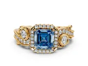 Milgrain Halo Engagement Ring Setting for Fancy Blue Asscher Cut Center with Shoulder Bezels and Prong Head in Yellow Gold