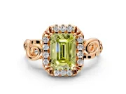Halo Engagement Ring Setting for Fancy Yellow Emerald Cut Center with Open Scroll Shoulders and Prong Head in Rose Gold