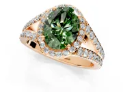 Halo Engagement Ring Setting for Fancy Green Oval Center with Narrow Pave Split Shank and Prong Head in Rose Gold