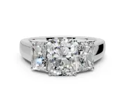 3 Stone Engagement Ring Setting for Radiant Cut Center with Raised Basket Heads and Prong Head in Platinum