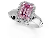 Halo Engagement Ring Setting for Fancy Pink Emerald Cut Center with Knife Ridge Cathedral Band and Prong Head in Sterling Silver