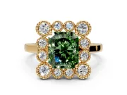Cluster Halo Engagement Ring Setting for Fancy Green Radiant Cut Center with Milgrain Bezel Accents and Prong Head in Yellow Gold