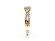 3 Stone Engagement Ring Setting for Cushion Cut Center with Pave Split Shank and Prong Head in Yellow Gold