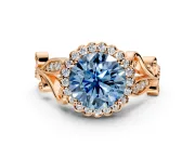 Halo Engagement Ring Setting for Fancy Blue Round Cut Center with Leaf Motif Split Shank and Prong Head in Rose Gold
