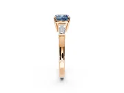 3 Stone Engagement Ring Setting for Fancy Blue Cushion Cut Center with Baguette Accents and Prong Head in Rose Gold