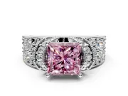 Pave Engagement Ring Setting for Fancy Pink Princess Cut Center with Curved Accent Rows, Openwork and Prong Head in White Gold