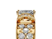 Pave Engagement Ring Setting for Emerald Cut Center with Curved Accent Rows, Openwork and Prong Head in Yellow Gold