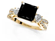 3 Stone Engagement Ring Setting for Fancy Black Princess Cut Center with Pave Split Shank and Prong Head in Yellow Gold