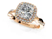 Halo Engagement Ring Setting for Cushion Cut Center with Pave and Plain Twist Band and Prong Head in Rose Gold