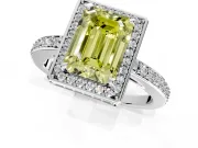 Halo Engagement Ring Setting for Fancy Yellow Emerald Cut Center with Metal-Rimmed Halo, Pave Band and Prong Head in Platinum