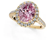 Halo Engagement Ring Setting for Fancy Pink Oval Center with Narrowing Pave Band and Prong Head in Yellow Gold