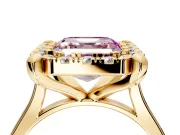Single Halo Engagement Ring Setting for Fancy Pink Asscher Cut Center with Corner Claws, Plain Band and Prong Head in Yellow Gold