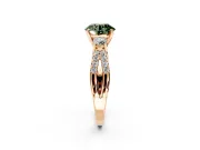 3 Stone Engagement Ring Setting for Fancy Green Round Cut Center with Pave Split Shank and Prong Head in Rose Gold