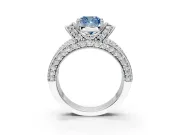 Pave Engagement Ring Setting for Fancy Blue Cushion Cut Center with Curved Accent Rows, Openwork and Prong Head in Sterling Silver