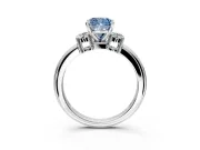 3 Stone Engagement Ring Setting for Fancy Blue Cushion Cut Center with Wide Plain Band and Prong Head in Platinum