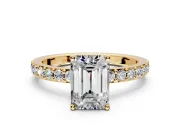 Solitaire Engagement Ring Setting for Emerald Cut Center with Round Cut Pave Band and Prong Head in Yellow Gold