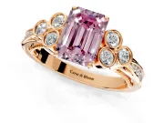 Cluster Engagement Ring Setting for Fancy Pink Emerald Cut Center with Bezel Accent Clusters and Prong Head in Rose Gold