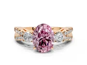 3 Stone Engagement Ring Setting for Fancy Pink Oval Center with Pave Split Shank and Prong Head in Rose Gold