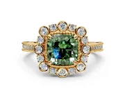 Milgrain Halo Engagement Ring Setting for Fancy Green Cushion Cut Center with Bezel Point Accents and Prong Head in Yellow Gold