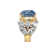 Leaf Cluster Engagement Ring Setting for Fancy Blue Cushion Cut Center with Marquise Accents and Prong Head in Yellow Gold