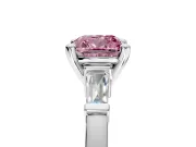 3 Stone Engagement Ring Setting for Fancy Pink Cushion Cut Center with Channel Baguette Accents and Prong Head in Platinum
