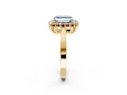 Starburst Halo Engagement Ring Setting for Fancy Blue Asscher Cut Center with Flat Cathedral Band and Prong Head in Yellow Gold